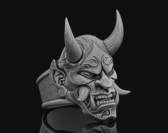 Silver Oni Ring, Men&#39;s Ring Traditional Japanese Spiritual Monster Yokai, Demon, Evil Spirit Japanese Samurai Mask Jewelry