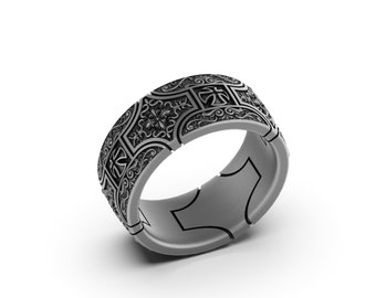 Oxidized Sterling Silver Cross Ring, Gothic Inscription Band