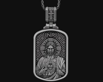 Jesus Christ Sacred Heart Handmade Sterling Silver Men Charm Necklace, Sacred Heart Men Jewelry, Jesus Sacred Heart Pendant, Christian Gift