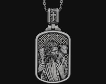 Jesus Shepherd Men Necklace, Silver Christian Pendant, Men Religious Pendant , Silver Jesus Pendant, Catholic Jesus Mens Necklace
