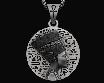 Silver Queen Nefertiti Charm Egyptian Hieroglyphs Pendant Ankh Women's Necklace Memorial Birthday Gift For Her Christmas Gift