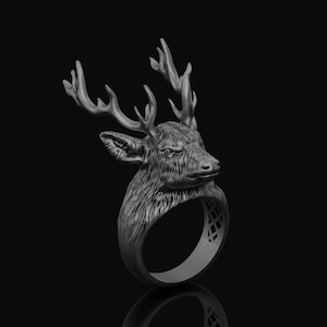 Silver Stag Head Ring, One of a Kind Antler Jewelry with Goth Style, Perfect Valentine Gift Gift for Deer Lovers & Goths