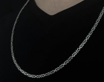 Mens Oxidized Sterling Silver Byzantine Chain Necklace, 3.5mm Bali Chain