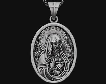 Miraculous Virgin Mary and Child Jesus Medal Silver Catholic Necklace Pendant, Virgen De Guadalupe, Gift For Her, Our Lady Charm