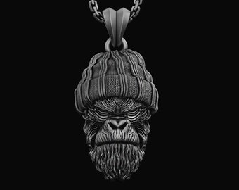 Silver Gorilla Pendant Animal Necklace Mens Accessory Jewelry Gift for him Birthday Christmas Gift Graduation Memorial Gift