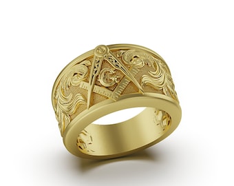 18K Gold Masonic Ring, Master Mason Signet Band