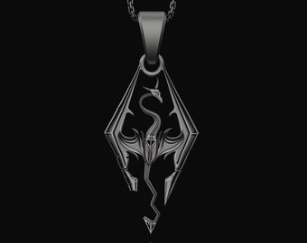 Silver Skyrim Dragon Pendant, The Elder Scrolls, Videogame Jewelry, Replica Geek Gift, Oblivion, Medieval Necklace