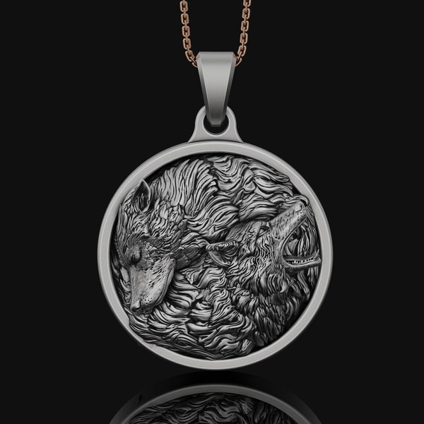 Twin Wolf Pendant Necklace - Silver Men's Wolfpack Jewelry, Alpha Wolves Spirit, Wild Canine Duo Charm, Perfect Gift for Him