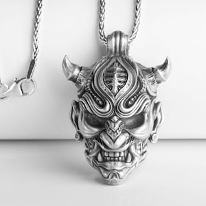 Biomechanical Oni Mask Pendant, Japanese, Sterling Silver Jewelry, Valentine Gift For Him, Men&#39;s Necklace, Cyber Samurai Accessory