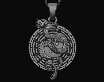 Yin Yang Dragon Necklace - Chinese Serpent Mythical Creature, Embroidered Patch Design, Elegant Yin Yang Symbol Jewelry