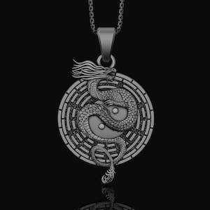 Yin Yang Dragon Necklace - Chinese Serpent Mythical Creature, Embroidered Patch Design, Elegant Yin Yang Symbol Jewelry