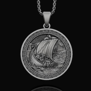 Viking Boat Necklace, Norse Pendant, Scandinavian Jewelry, Viking Ship, Celtic Knot, Men&#39;s Pagan Necklace, Birthday Gift For Her
