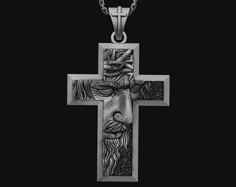 Silver Jesus with Crown of Thorns Cross, Oxidized Engraved Cross Pendant Silver, Faith Necklace For Christian, Religious, Christmas Gift