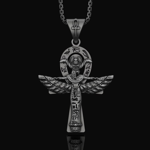 Silver Isis Necklace, Egyptian Goddess Charm, Hieroglyphic Ankh Pendant, Symbol of Life & Magic, Ancient Egypt Jewelry
