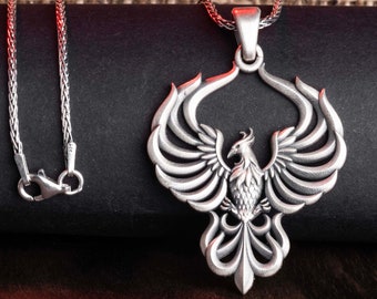 Phoenix Necklace, Sterling Silver, Mythical Bird, Rebirth Symbol, Women&#39;s Pendant, Unisex, Inspiring Jewelry, Firebird