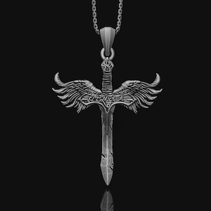 Silver Archangel Michael&#39;s Sword, Winged Sword Necklace, Christian Jewelry, Religious Necklace, Guardian Angel, Valentine Gift Ideas