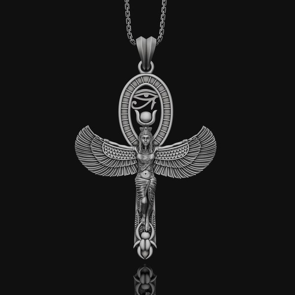 Silver Goddess Isis Necklace Egyptian Ancient Jewelry, Eye of Horus, Gold Ankh Pendant, Mens Accessory, Ancient Unisex Dainty