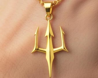 18K Gold Poseidon's Trident Necklace, Unisex Charm Pendant Gift For Him Greek Mythology God Roman Neptune, Ocean, Spear, Hellenic Paganism