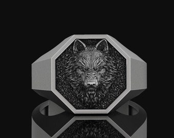 Men's Wolf Signet Ring, Mens Silver Wedding Gift For Her, Women's Animal Jewelry Angry Wolf Mens Ring Memorial Gifts