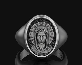 925 Silver Virgin Mary Mother of Jesus Ring Christian Gift Catholic Jewelry Silver Signet Ring New Year Gift for him, Gift for her