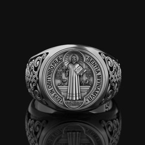 Silver Catholic Jewelry Exorcism Signet Ring St Benedict Medal Christian Religious Accessory Oxidized 925 Sterling Birthday Gift for Him Her