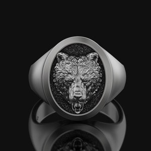 Mens Adjustable Silver Bear Signet Ring Animal Jewelry Birthday Gift 925 Sterling Silver Bear Head Viking Ring Mens Accessory Gift for Him