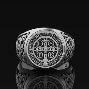 Gemini Saint Benedict Ring Christian Protection Stone Religious Cross Exorcism Jewelry 