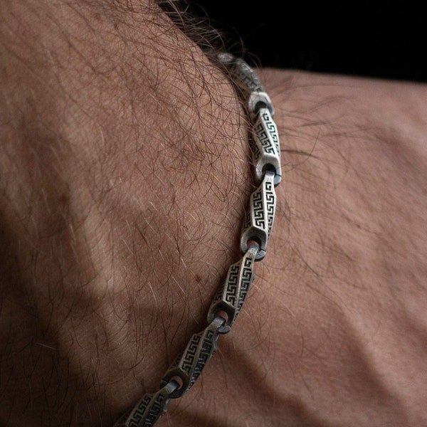 Silver Greek Chain Bracelet, Greece Decor Jewelry, Men's Accessory Gift For Him, Memorial Gifts, Oxidized Silver Bracelets