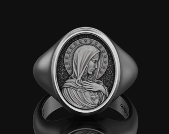 925 Silver, Mens Virgin Mary Ring, Holy Mother of Jesus, Religious Womens Gifts Ideas 925 Sterling Silver Christmas, Accessory Birthday