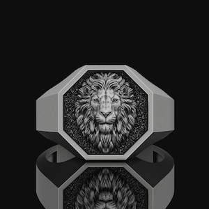 Unisex Lion Signet Ring, Geometric Jewelry Gift For Her, Him, August Leo Accessory Sterling Silver Memorial Gifts