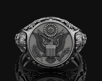 United States Army Seal Coat of Arms Silver Signet Ring Gift Daily U.S. Crest Anniversary, Graduation, Oxidized Silver Gold Plated Accessory