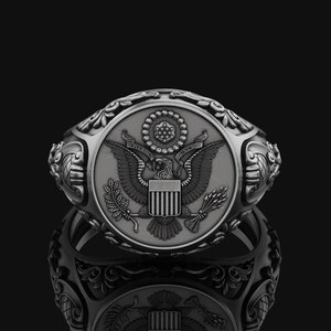 United States Army Seal Coat of Arms Silver Signet Ring Gift Daily U.S. Crest Anniversary, Graduation, Oxidized Silver Gold Plated Accessory