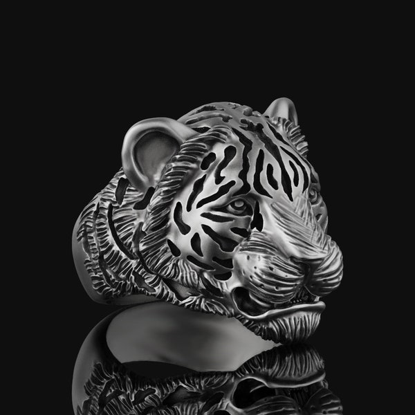 Bague tête de tigre en argent sterling plaqué or, bijoux animaux, cadeaux de Noël pour lui, tête de tigre 925 pour homme