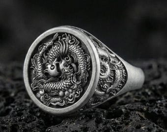 Sterling Silver Yin Yang Koi Fish Ring, Harmony Jewelry