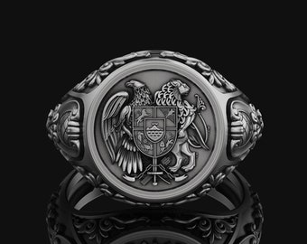 Armenian Coat of Arms Silver Signet Ring Jewelry Gift Daily Accessory Crest Ring Anniversary, Graduation, Oxidized Silver Gold Plated Ring