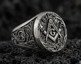Sterling Silver Masonic Ring, Oxidized Freemason Jewelry