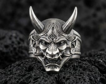 Anillo de máscara de oni de plata esterlina, joyería de demonio japonés Yokai