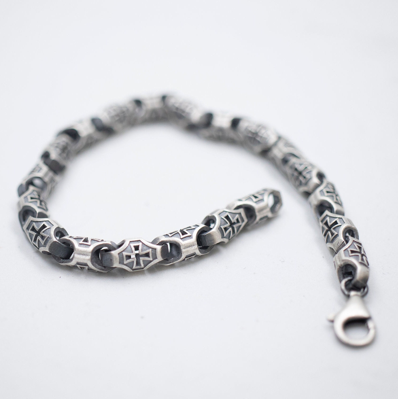 Silver Cross Chain Bracelet, Religious, Oxidized Christian