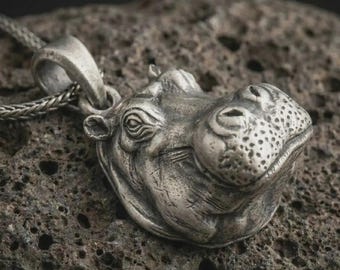 Sterling Silver Hippo Necklace, Animal Charm Jewelry