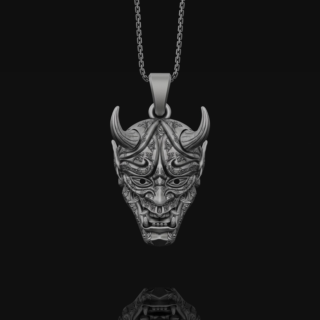 Oni Mask Handmade Charm Necklace, the Art of Japanese Mask Silver Jewelry, Gothic Necklace, Oni