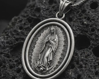 Sterling Silver Our Lady of Guadalupe Spinner Necklace • Catholic Medal