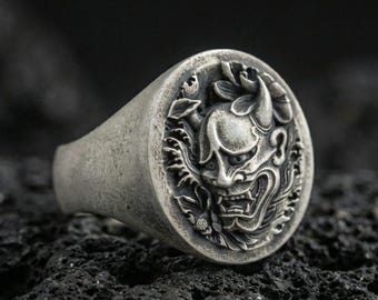 Sterling Silver Oni Signet Ring, Japanese Demon Engraved Gothic Jewelry