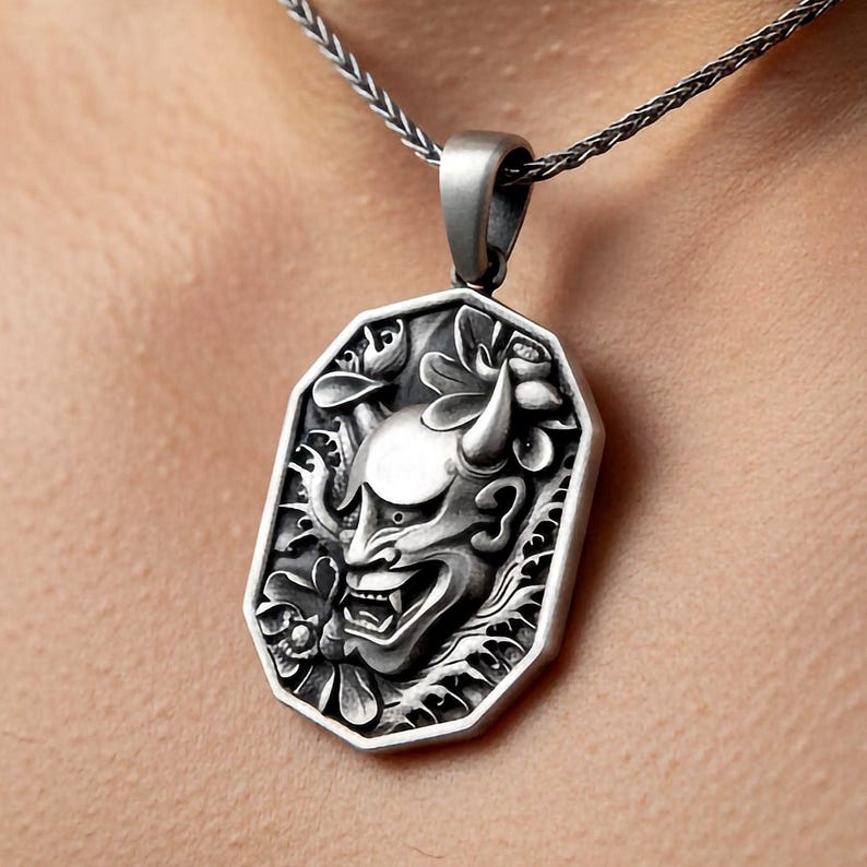 Sterling Silver Hannya Mask Pendant, Oni Demon Necklace, Japanese Mythology image 1