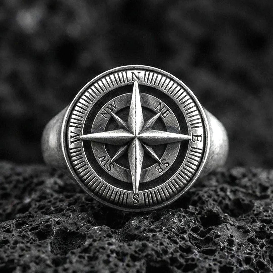 Silver Engravable Compass Sterling Silver Compass Ring, Nautical Jewelry, Engravable Personalized ...