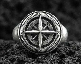 Sterling Silver Compass Ring, Nautical Jewelry, Engravable Personalized Gift
