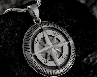 Personalized Compass Pendant Necklace 925 Sterling Silver, Custom Nautical Compass Amulet, Explorer Adventure Jewelry Gift for Men Women
