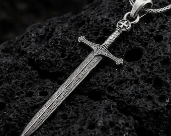 Medieval Sword Pendant – Sterling Silver Knight Templar Crusader Cross Necklace