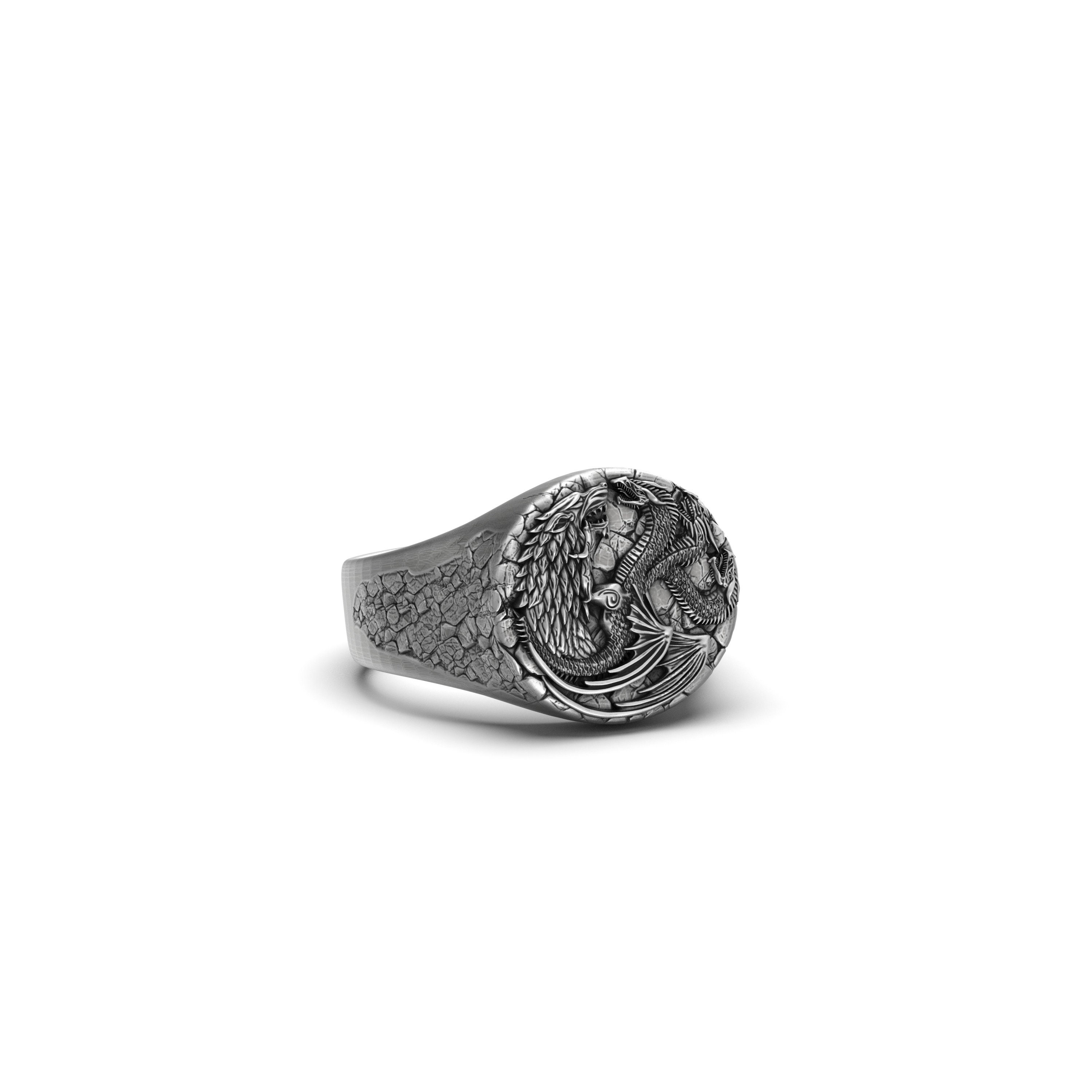 Anillo de lobo y dragon de plata Joyeria tematica de hielo y fuego anillo de hombre de fantasia regalo mitico unico Etsy Espana