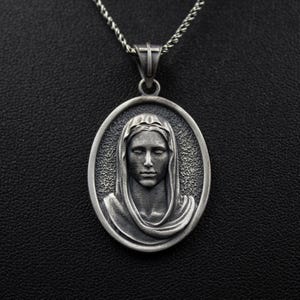 Virgin Mary Pendant Necklace 925 Sterling Silver, Veiled Madonna Religious Medal, Spiritual Catholic Gift, Faith Necklace for Women
