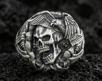 Anillo de motociclista con calavera de águila calva en plata de ley - Joyería patriótica oxidada